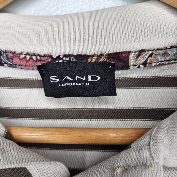 SAND Copenhagen Striped Polo Shirt Men XL Beige Brown Short Sleeve Preppy Casual - Picture 5 of 7